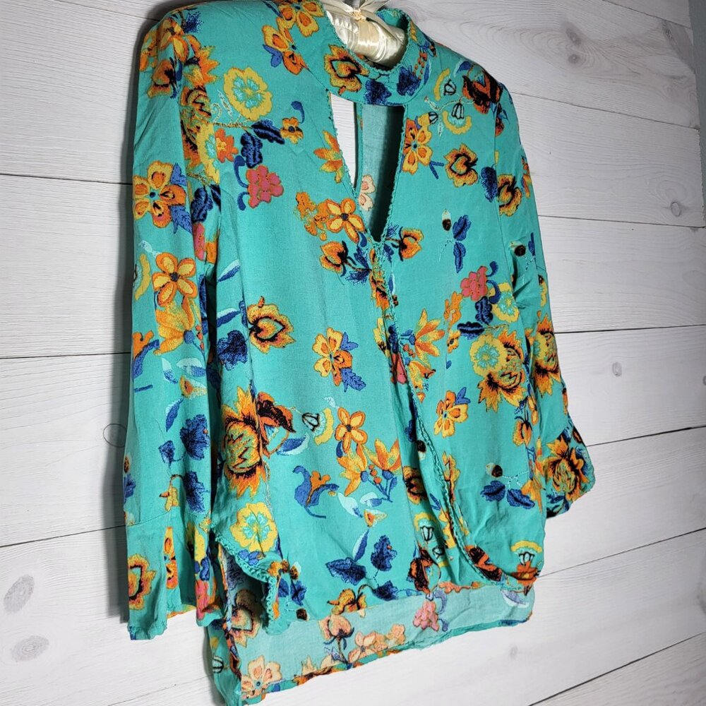 Indigo Rein Top Floral Bell Sleeves Flowy BOHO